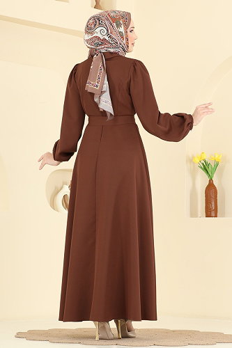 moda selvim Çiçek Broş Detaylı Elbise 2863SLK540 Taba - Thumbnail