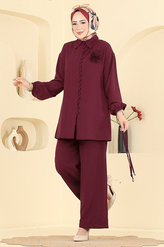 moda selvim Çiçek Broşlu 2 li Takım 2934SL432 Bordo - Thumbnail