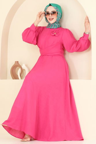 moda selvim Çiçek Broşlu Elbise 3004TBL694 Fuşya - Thumbnail