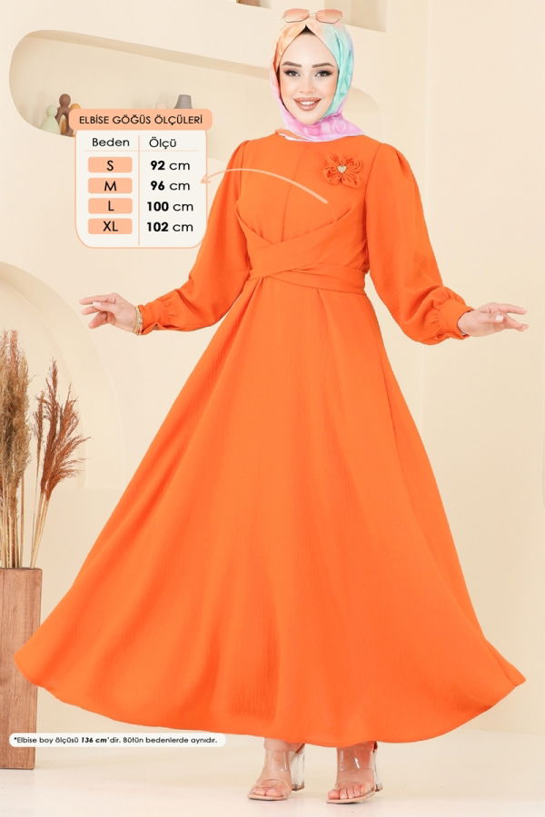 Modaselvim Elbise Çiçek Broşlu Elbise 3004TBL694 Oranj