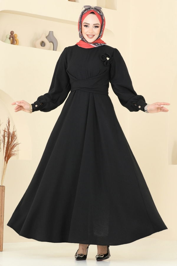Modaselvim Elbise Çiçek Broşlu Elbise 3004TBL694 Siyah