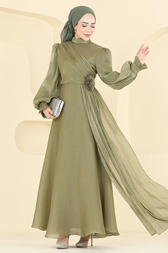 moda selvim Çiçek Broşlu Işıltılı Abiye 8267AB368 Çağla - Thumbnail