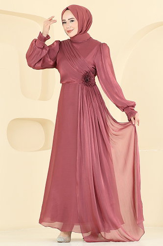 moda selvim Çiçek Broşlu Işıltılı Abiye 8267AB368 Koyu Gül Kurusu - Thumbnail