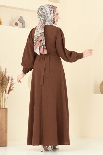 moda selvim Çiçek Broşlu Keten Elbise 3004TBL694 Kahve - Thumbnail