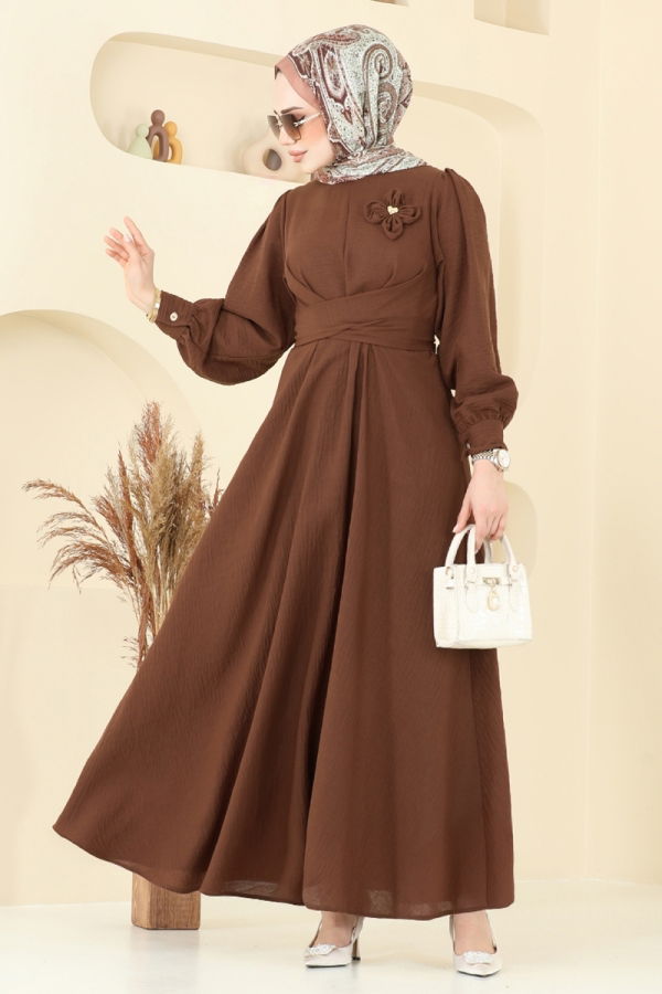 Modaselvim Elbise Çiçek Broşlu Keten Elbise 3004TBL694 Kahve