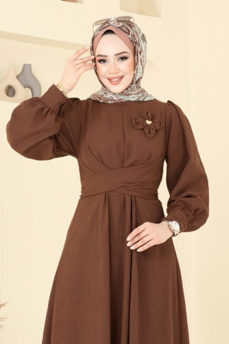 moda selvim Çiçek Broşlu Keten Elbise 3004TBL694 Kahve - Thumbnail