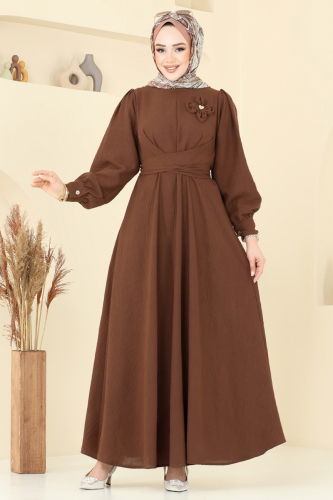 moda selvim Çiçek Broşlu Keten Elbise 3004TBL694 Kahve - Thumbnail