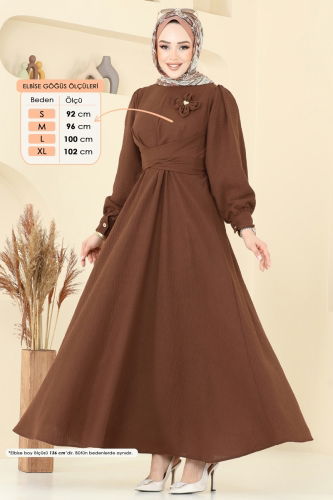 moda selvim Çiçek Broşlu Keten Elbise 3004TBL694 Kahve - Thumbnail