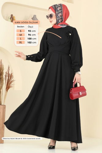 moda selvim Çiçek Broşlu Keten Elbise 3004TBL694 Siyah - Thumbnail