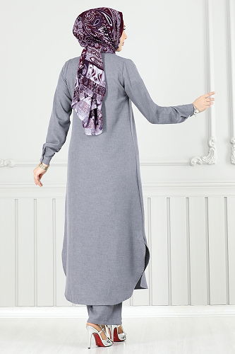 moda selvim Çiçek Broşlu Takım 815OZN1046 Gri - Thumbnail