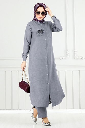 moda selvim Çiçek Broşlu Takım 815OZN1046 Gri - Thumbnail