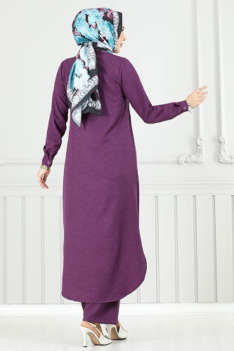 moda selvim Çiçek Broşlu Takım 815OZN1046 Mor - Thumbnail