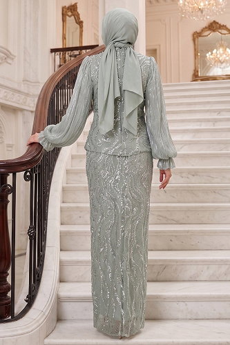 moda selvim Çiçek Broşlu Taşlı Abiye 175DMNK1166 Mint - Thumbnail