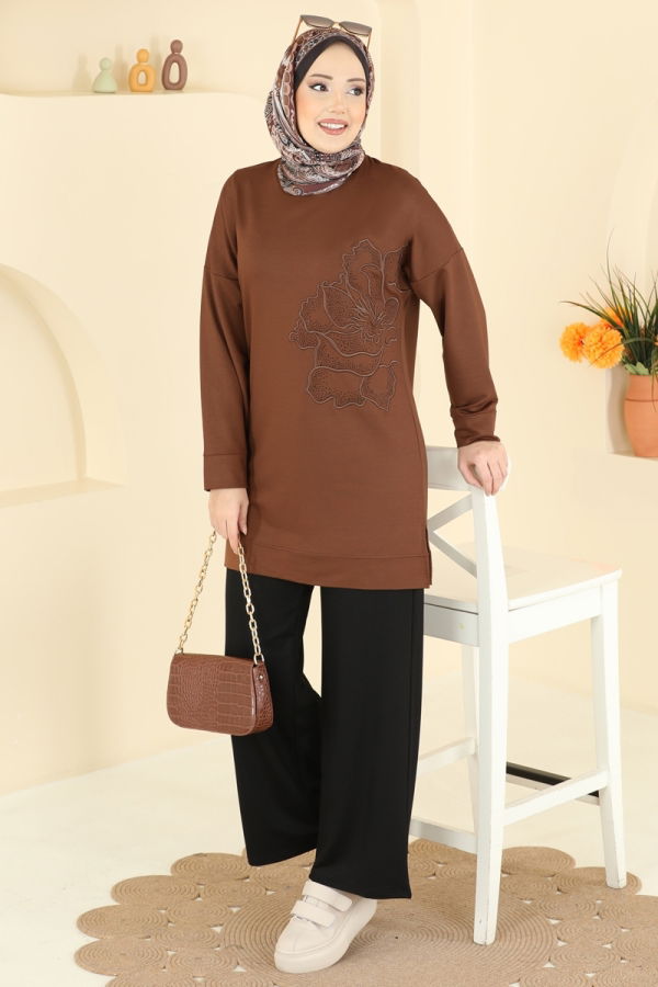 Modaselvim %30+%10 İNDİRİM Çiçek Desen İki İp Takım 3999UZ662 Açık Kahve&Siyah