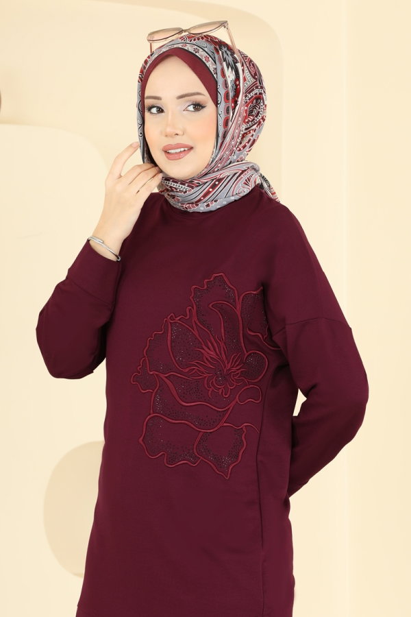 Çiçek Desen İki İp Takım 3999UZ662 Bordo&Siyah - Moda Selvim