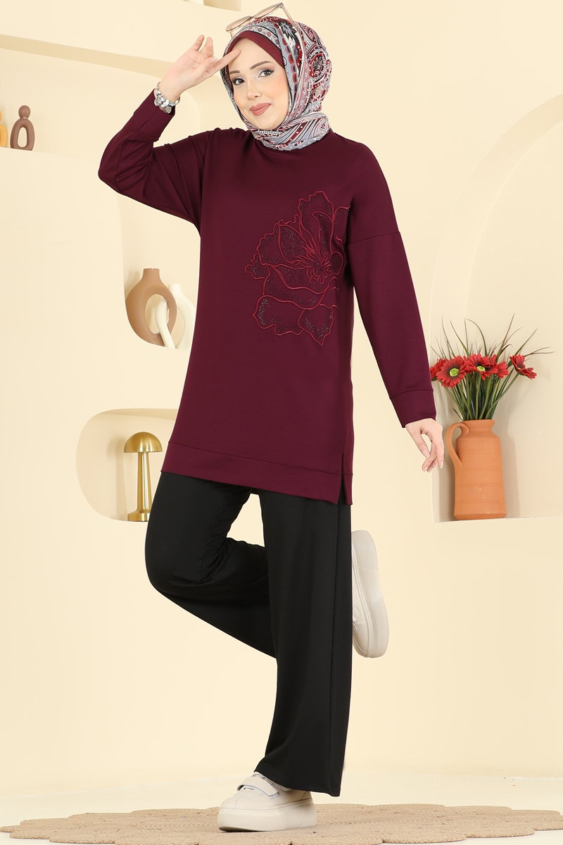 Çiçek Desen İki İp Takım 3999UZ662 Bordo&Siyah