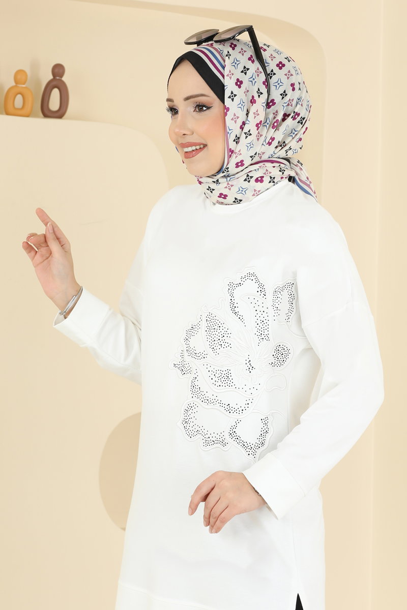 Çiçek Desen İki İp Takım 3999UZ662 Ekru&Siyah - Moda Selvim