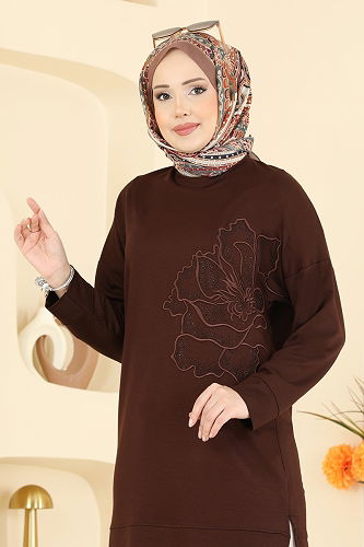 moda selvim Çiçek Desen İki İp Takım 3999UZ662 Kahve&Taş - Thumbnail