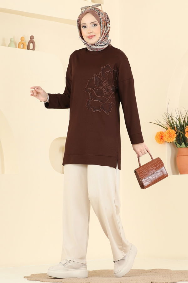 Modaselvim SEPETTE NET %30 İNDİRİM Çiçek Desen İki İp Takım 3999UZ662 Kahve&Taş