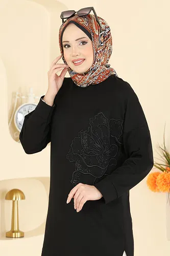 moda selvim Çiçek Desen İki İp Takım 3999UZ662 Siyah&Taş - Thumbnail