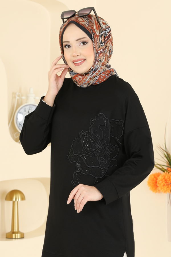 Modaselvim %30+%10 İNDİRİM Çiçek Desen İki İp Takım 3999UZ662 Siyah&Taş