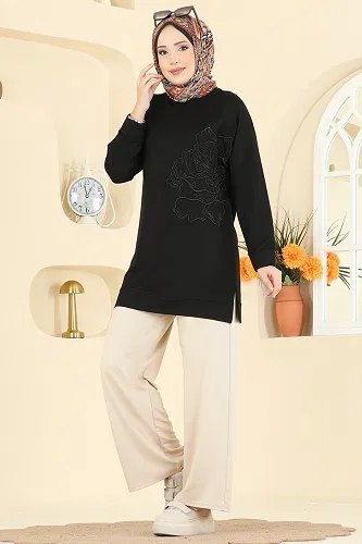 moda selvim Çiçek Desen İki İp Takım 3999UZ662 Siyah&Taş - Thumbnail