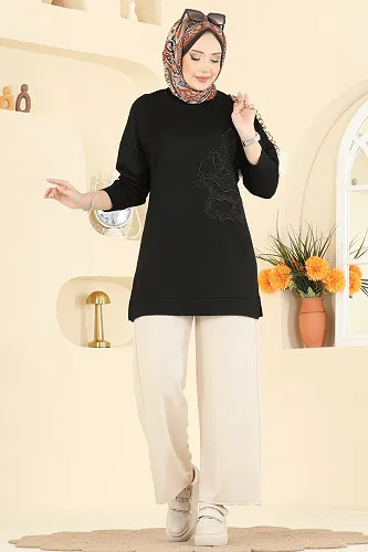 moda selvim Çiçek Desen İki İp Takım 3999UZ662 Siyah&Taş - Thumbnail