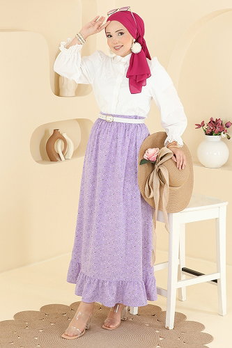 moda selvim Çiçek Desen Jesika Etek 134NZRK1200 Lila - Thumbnail
