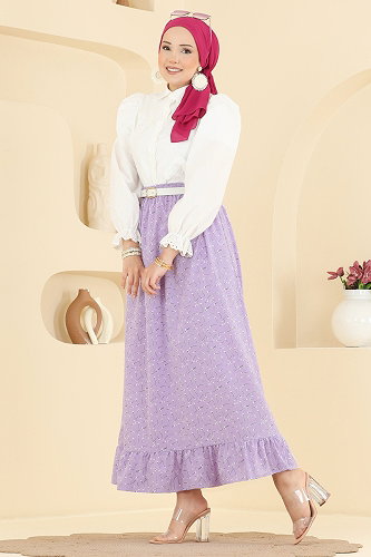 moda selvim Çiçek Desen Jesika Etek 134NZRK1200 Lila - Thumbnail