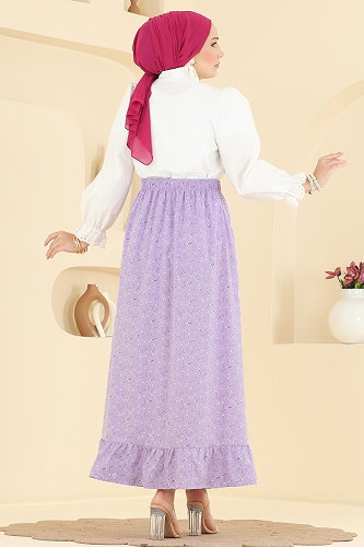moda selvim Çiçek Desen Jesika Etek 134NZRK1200 Lila - Thumbnail