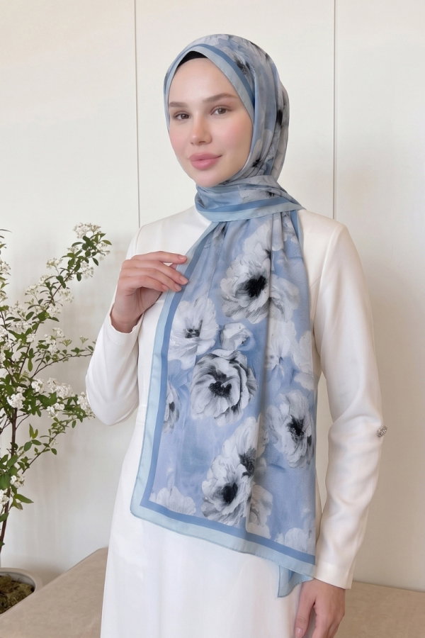 Modaselvim Şal Çiçek Desen Soft Şal 523ERBK1201 Bebe Mavisi