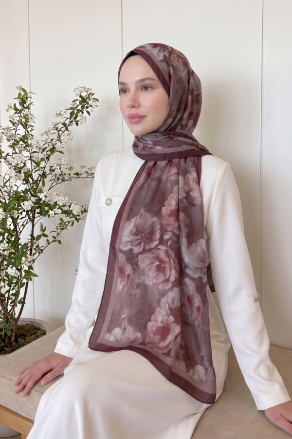 Modaselvim Şal Çiçek Desen Soft Şal 523ERBK1201 Koyu Bordo