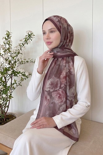moda selvim Çiçek Desen Soft Şal 523ERBK1201 Koyu Bordo - Thumbnail