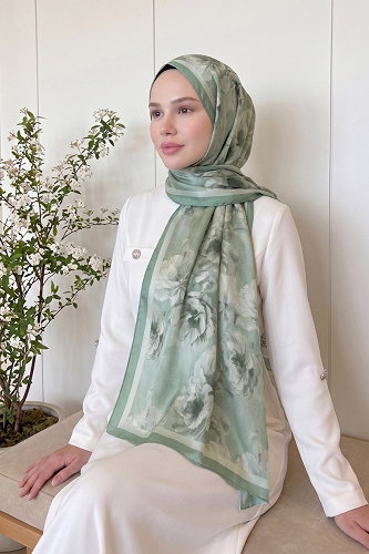 moda selvim Çiçek Desen Soft Şal 523ERBK1201 Koyu Mint - Thumbnail
