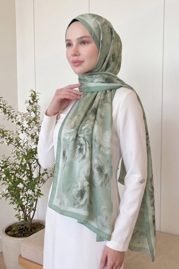 Modaselvim Şal Çiçek Desen Soft Şal 523ERBK1201 Koyu Mint