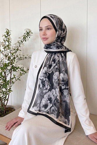 moda selvim Çiçek Desen Soft Şal 523ERBK1201 Siyah - Thumbnail