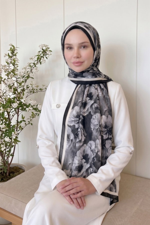 Modaselvim Şal Çiçek Desen Soft Şal 523ERBK1201 Siyah