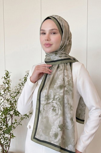 moda selvim Çiçek Desen Soft Şal 523ERBK1201 Yağ Yeşili - Thumbnail