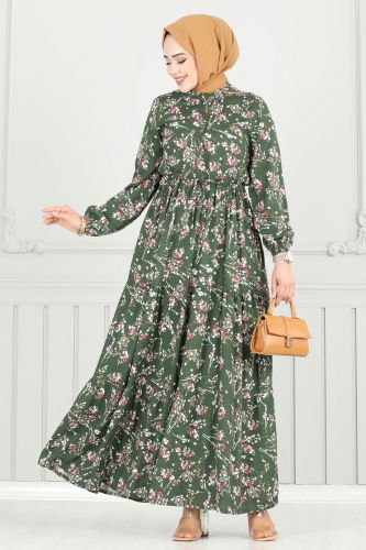 moda selvim Çiçek Desen Tesettür Elbise 7122BG354 Haki - Thumbnail