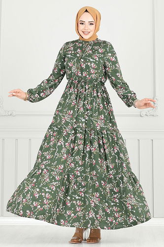 moda selvim Çiçek Desen Tesettür Elbise 7122BG354 Haki - Thumbnail