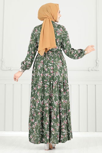 moda selvim Çiçek Desen Tesettür Elbise 7122BG354 Haki - Thumbnail