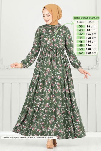 moda selvim Çiçek Desen Tesettür Elbise 7122BG354 Haki - Thumbnail