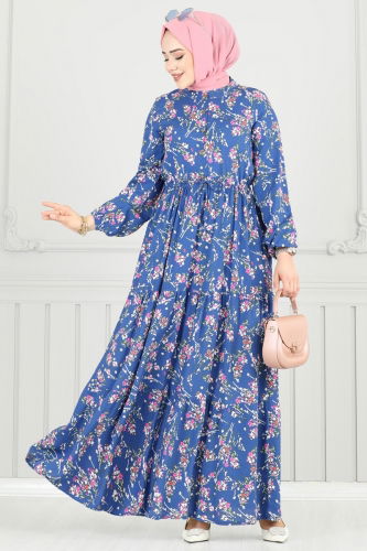 moda selvim Çiçek Desen Tesettür Elbise 7122BG354 İndigo - Thumbnail