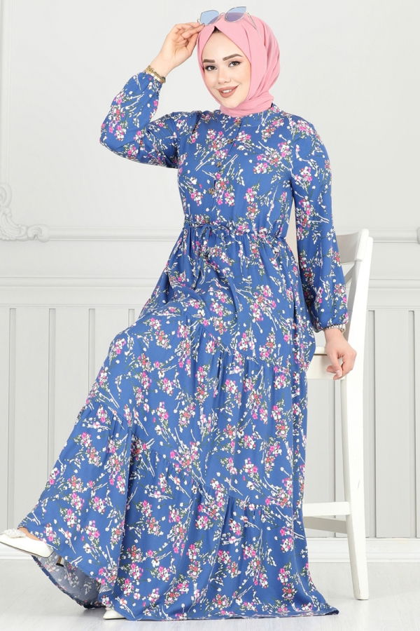 Modaselvim Elbise Çiçek Desen Tesettür Elbise 7122BG354 İndigo