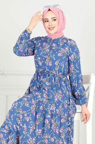 moda selvim Çiçek Desen Tesettür Elbise 7122BG354 İndigo - Thumbnail