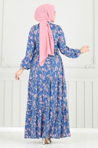 moda selvim Çiçek Desen Tesettür Elbise 7122BG354 İndigo - Thumbnail