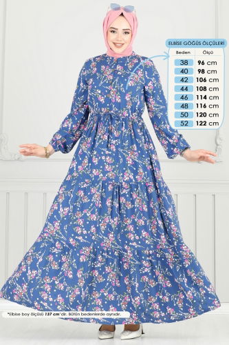 moda selvim Çiçek Desen Tesettür Elbise 7122BG354 İndigo - Thumbnail