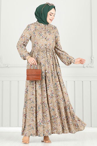 moda selvim Çiçek Desen Tesettür Elbise 7122BG354 Koyu Vizyon - Thumbnail