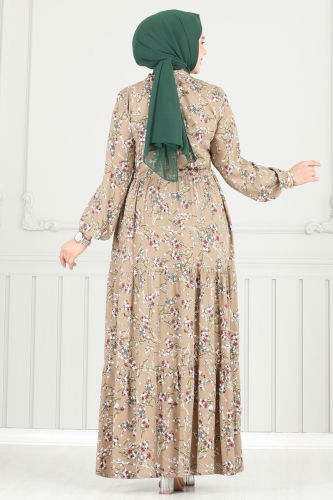 moda selvim Çiçek Desen Tesettür Elbise 7122BG354 Koyu Vizyon - Thumbnail