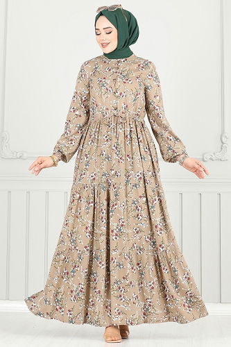 moda selvim Çiçek Desen Tesettür Elbise 7122BG354 Koyu Vizyon - Thumbnail